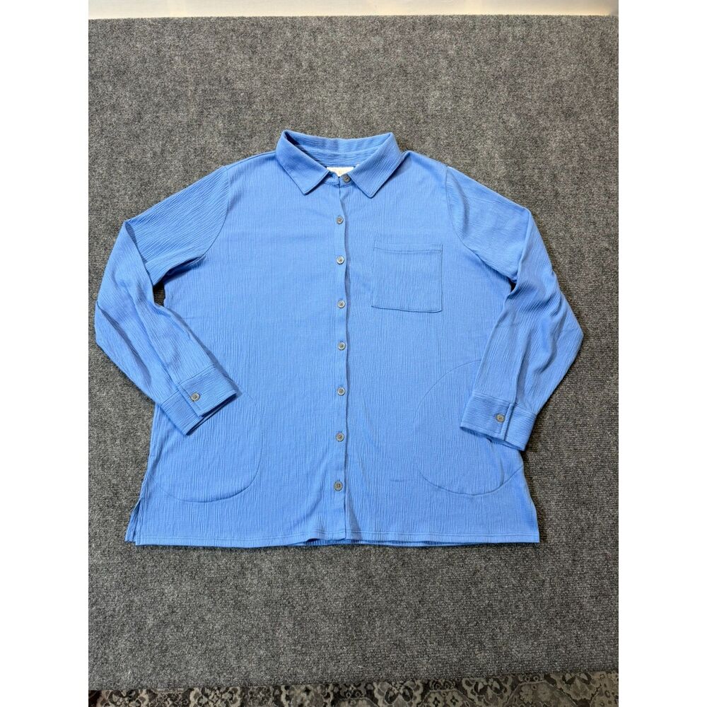 Belle by Kim Gravel 2 Piece Set Women L Blue Button Shirt Wide Leg Pants Travel - Picture 4 of 15